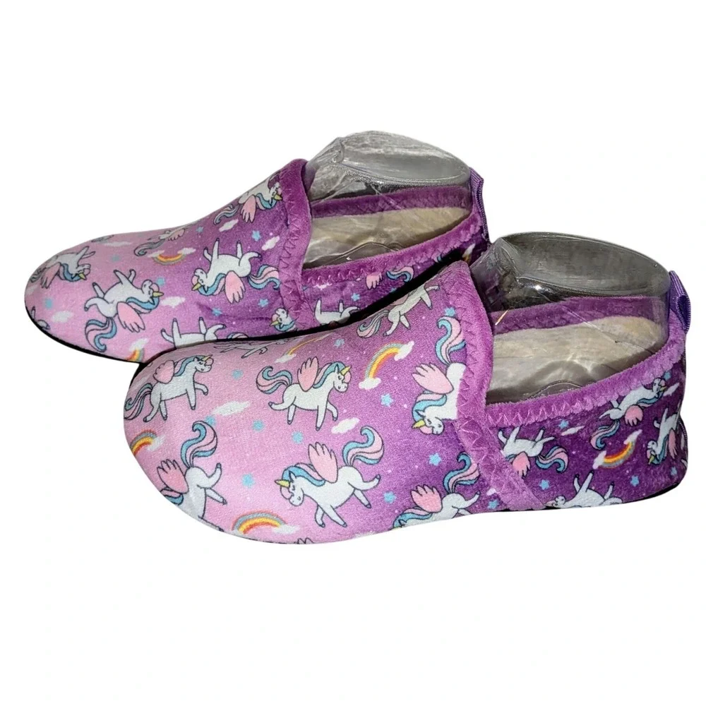 Girls Unicorn Rainbow Slippers Purple Pink Plush House Shoes‎ Size 2-3 NEW